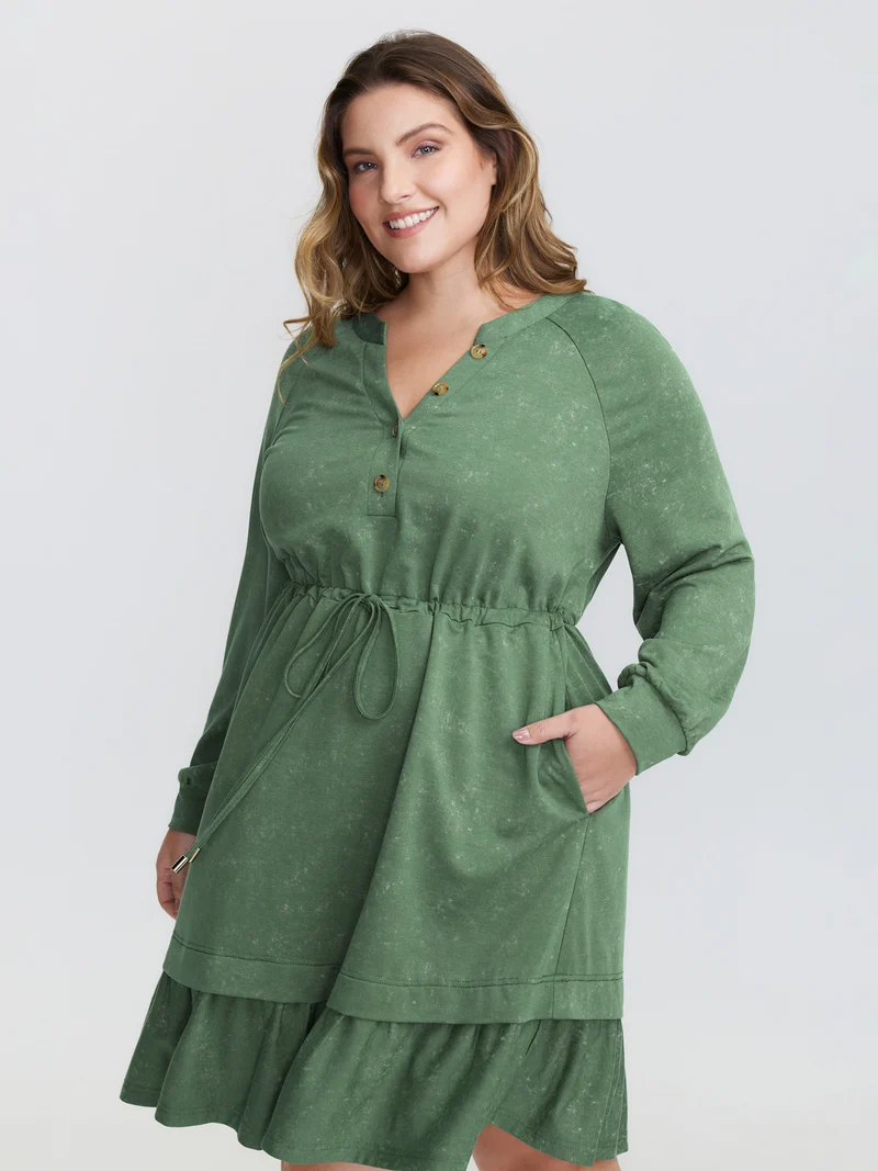 Washed Effect Tiered Drawstring Mini Dress
