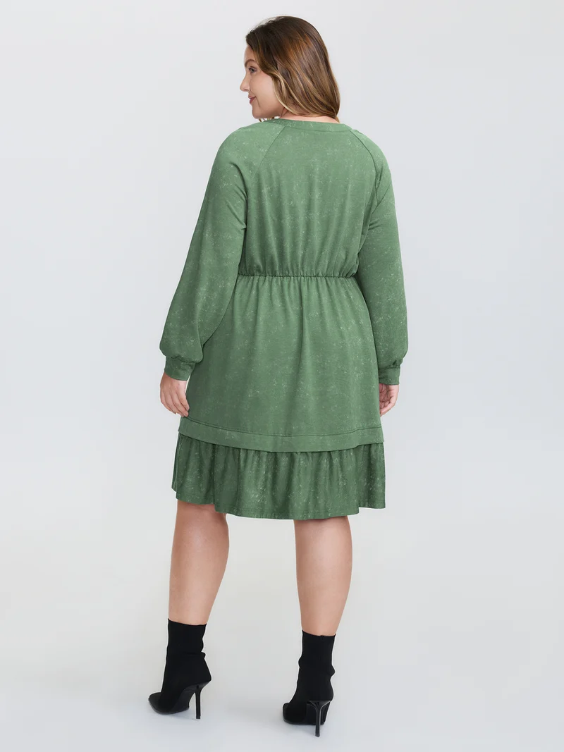 Washed Effect Tiered Drawstring Mini Dress