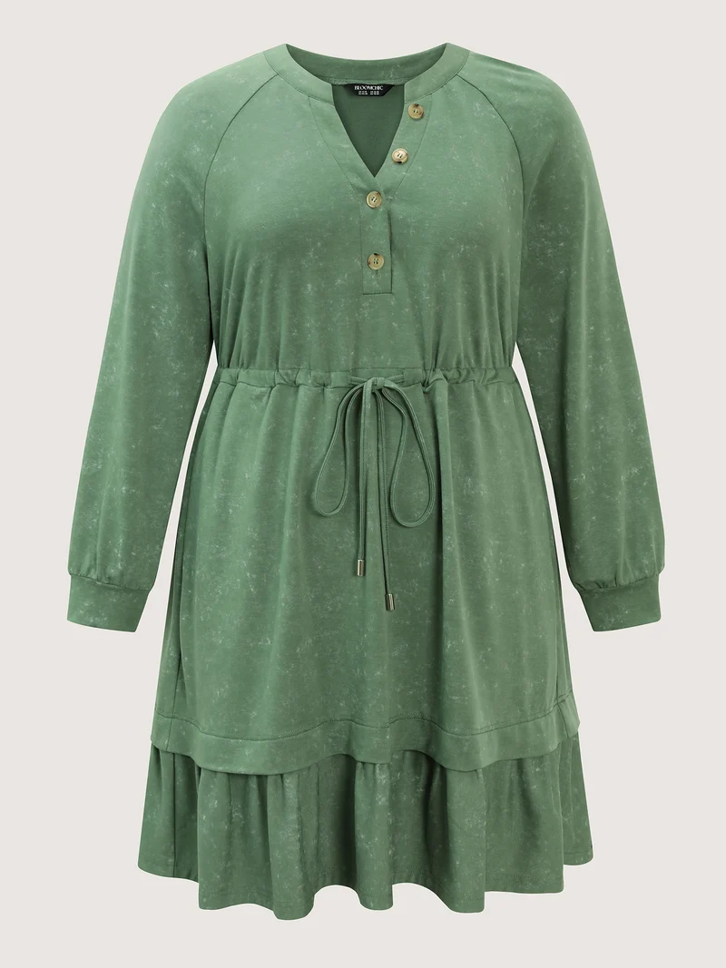 Washed Effect Tiered Drawstring Mini Dress