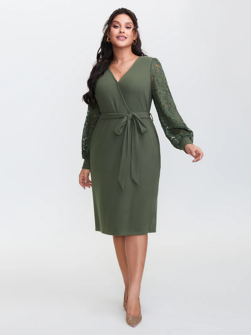 Sheer Lace Cozy Belted Waist Midi Dress