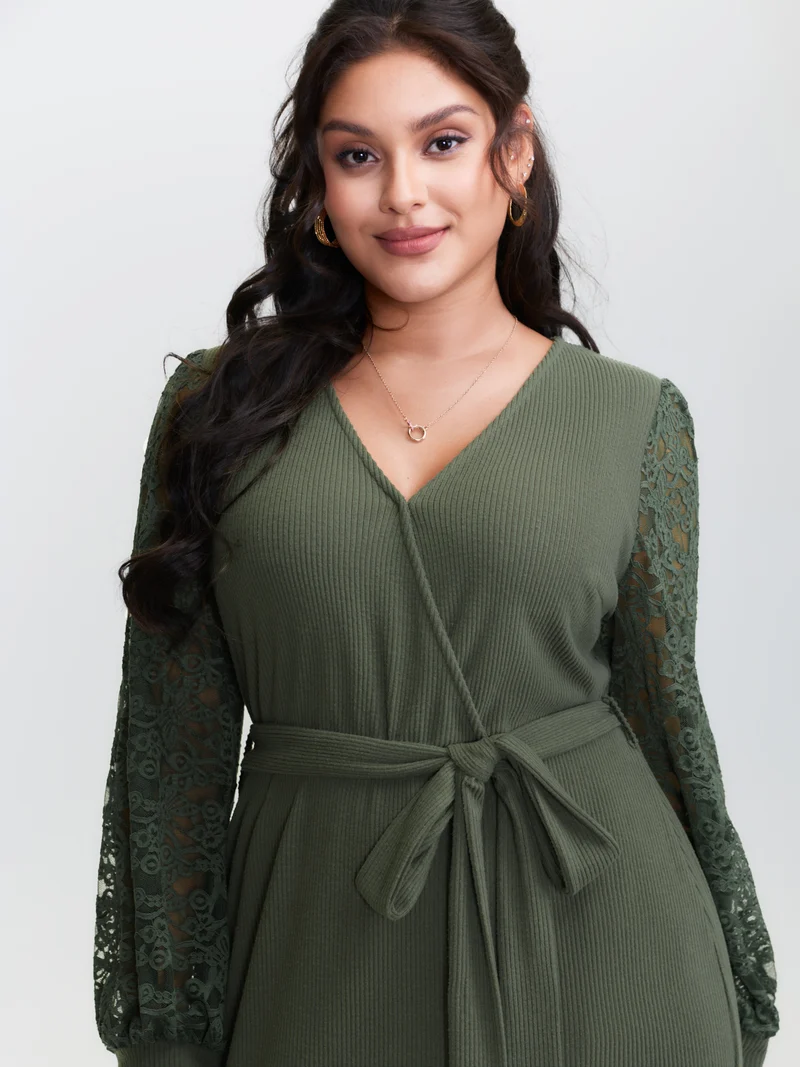 Sheer Lace Cozy Belted Waist Midi Dress