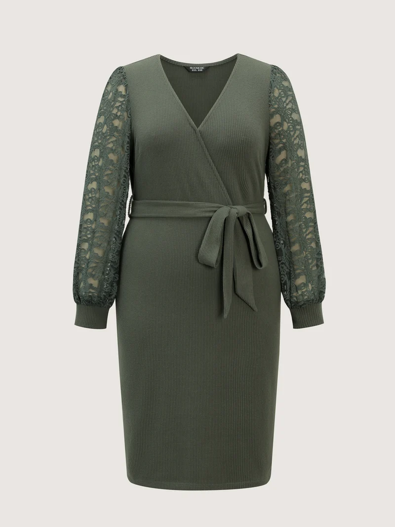 Sheer Lace Cozy Belted Waist Midi Dress