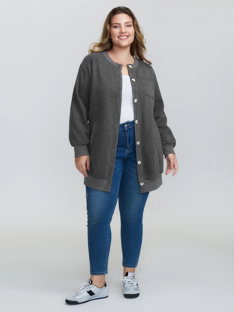Round Neck Ribbed Hem Button Coat