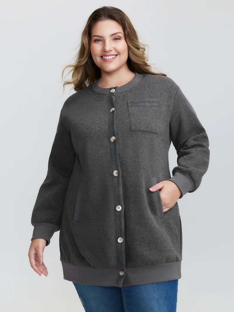 Round Neck Ribbed Hem Button Coat