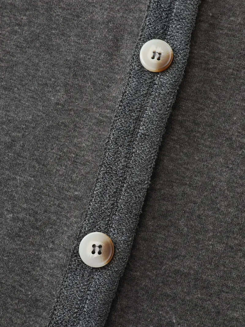 Round Neck Ribbed Hem Button Coat