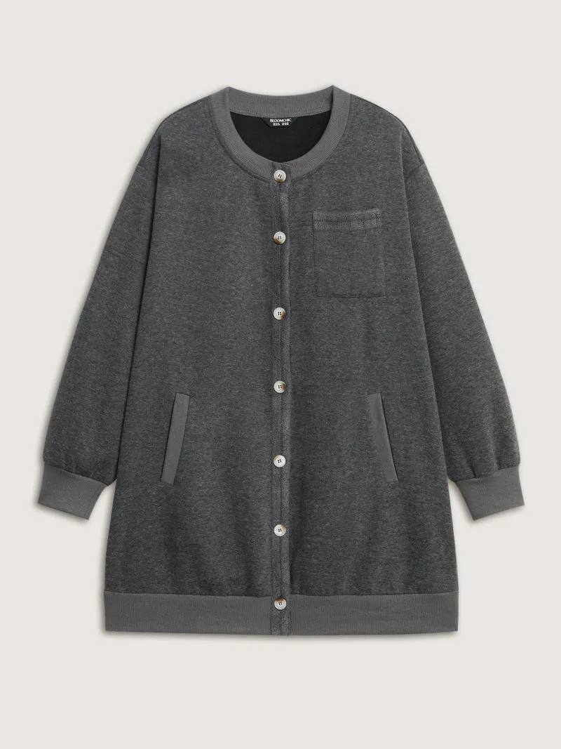 Round Neck Ribbed Hem Button Coat
