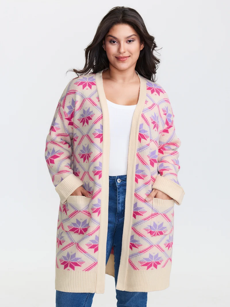 Geometric Snowflake Pattern Pockets Knit Cardigan