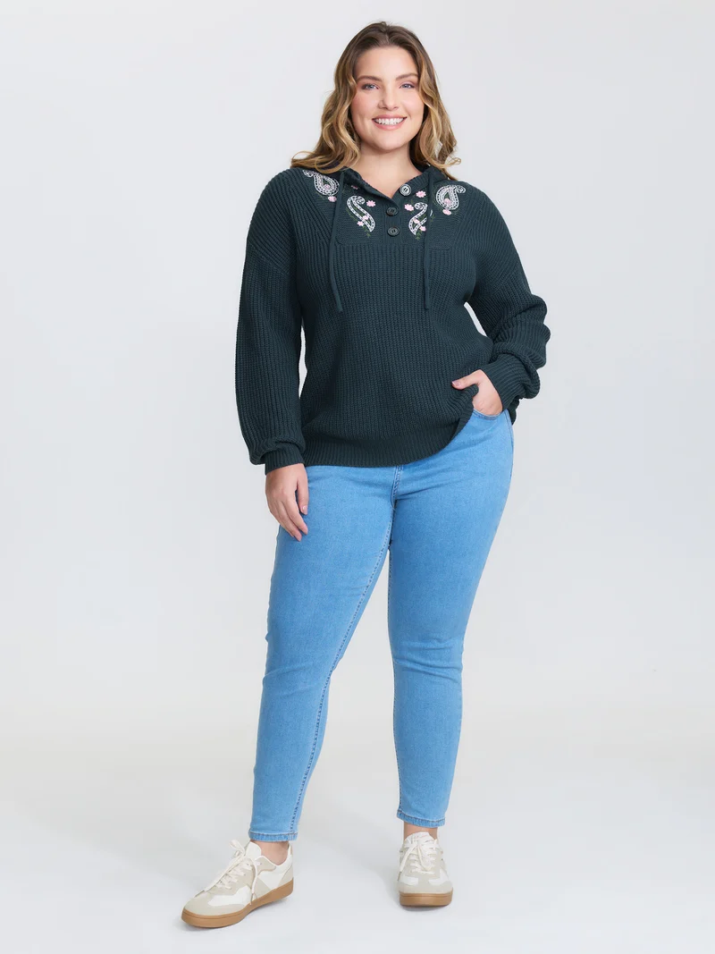 Floral Embroidery Hooded Textured Pullover