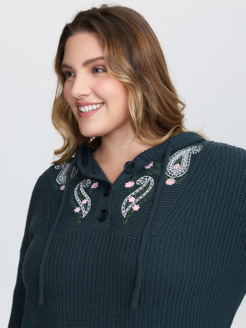 Floral Embroidery Hooded Textured Pullover