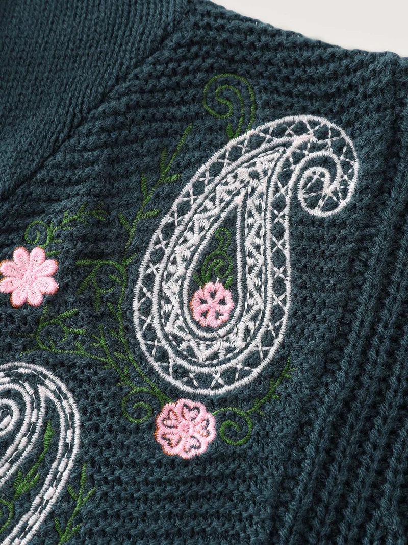 Floral Embroidery Hooded Textured Pullover