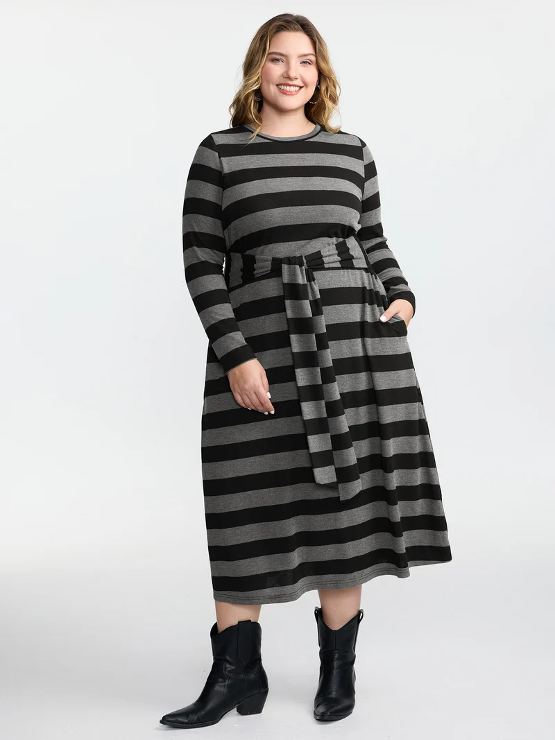 Stripe Waist-Tie Knotted Midi Dress