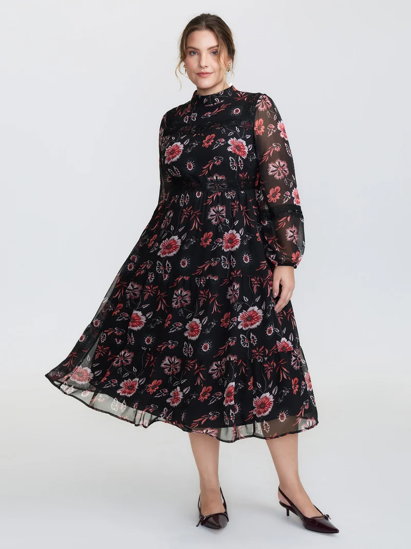 Floral Print Lace High Neck Midi Dress