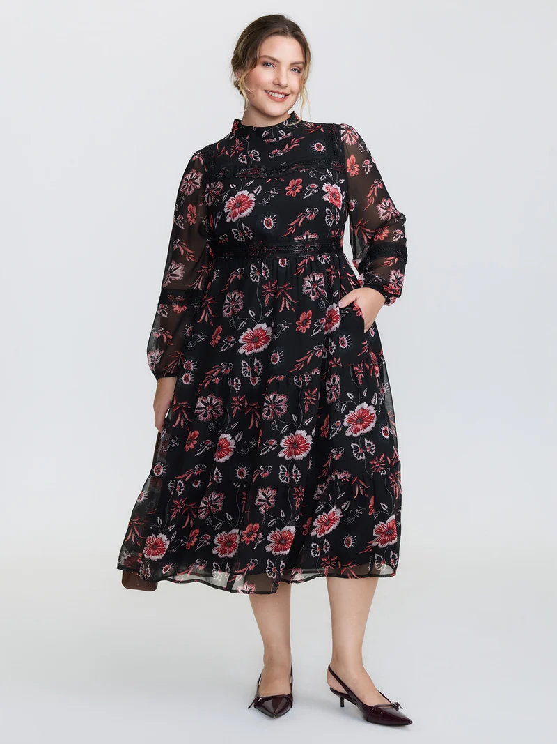 Floral Print Lace High Neck Midi Dress