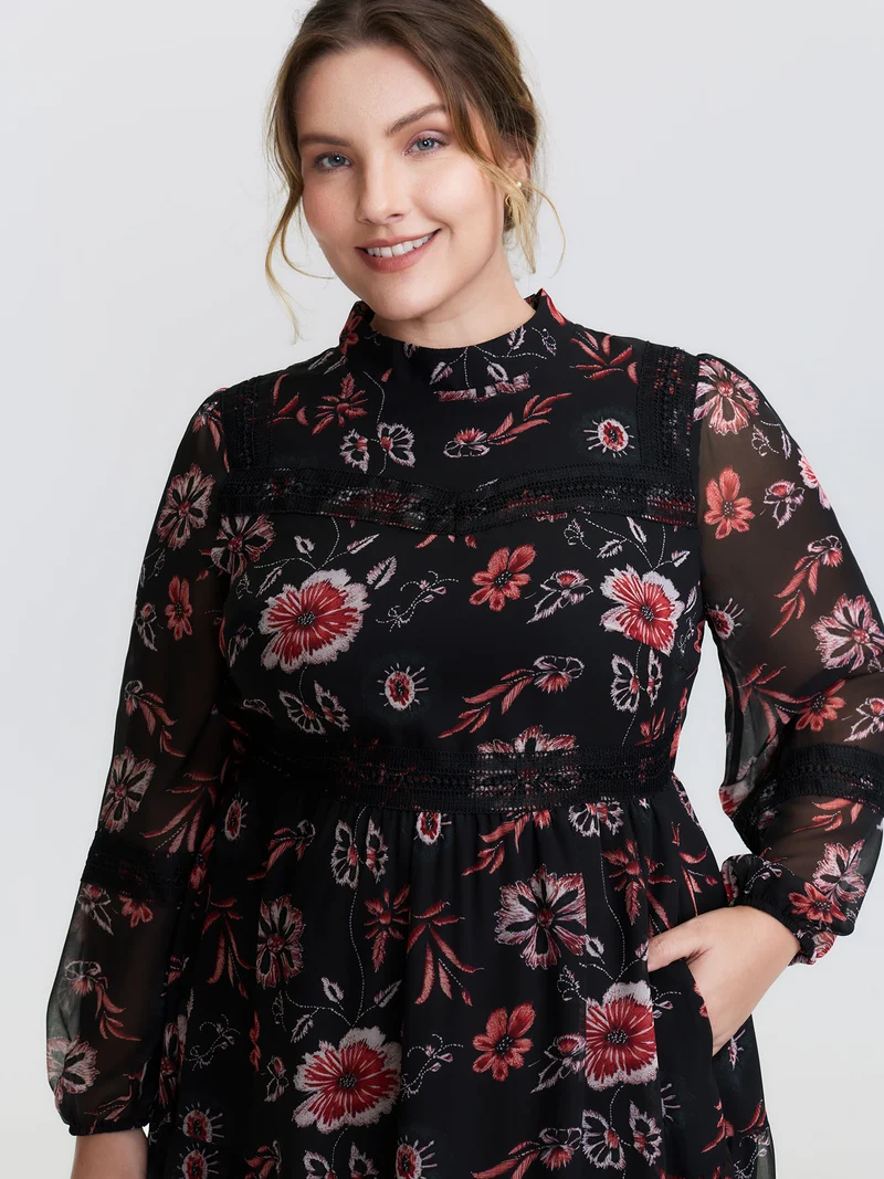 Floral Print Lace High Neck Midi Dress