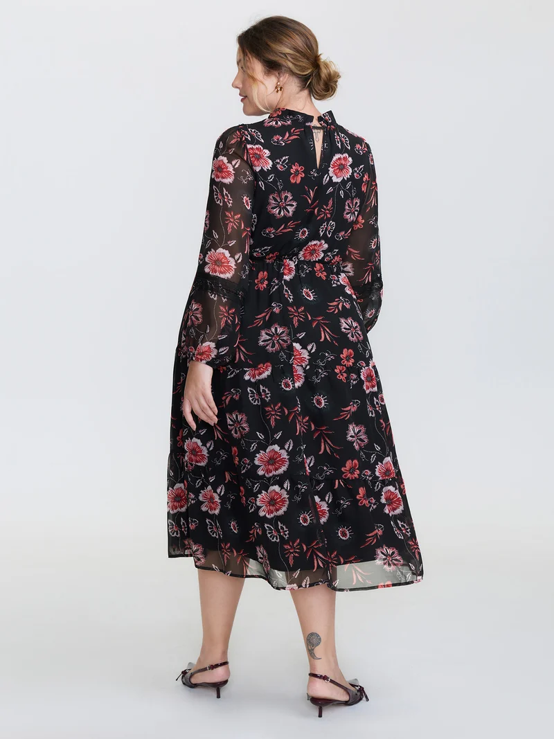 Floral Print Lace High Neck Midi Dress