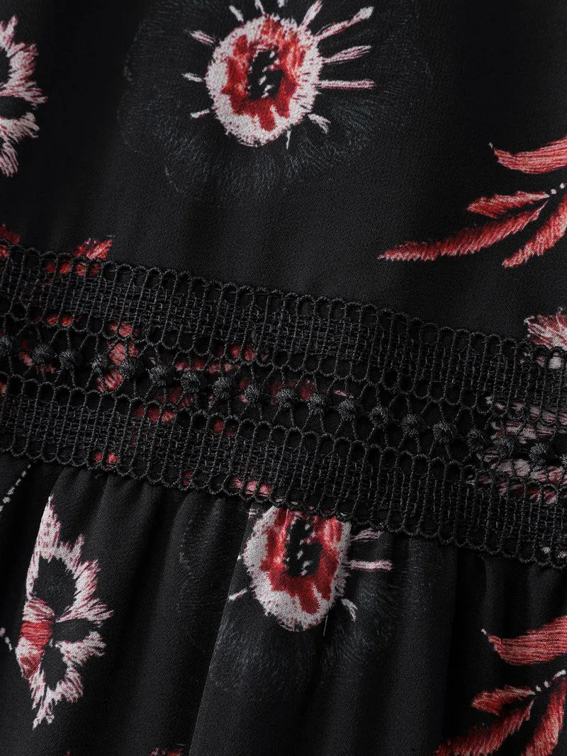 Floral Print Lace High Neck Midi Dress