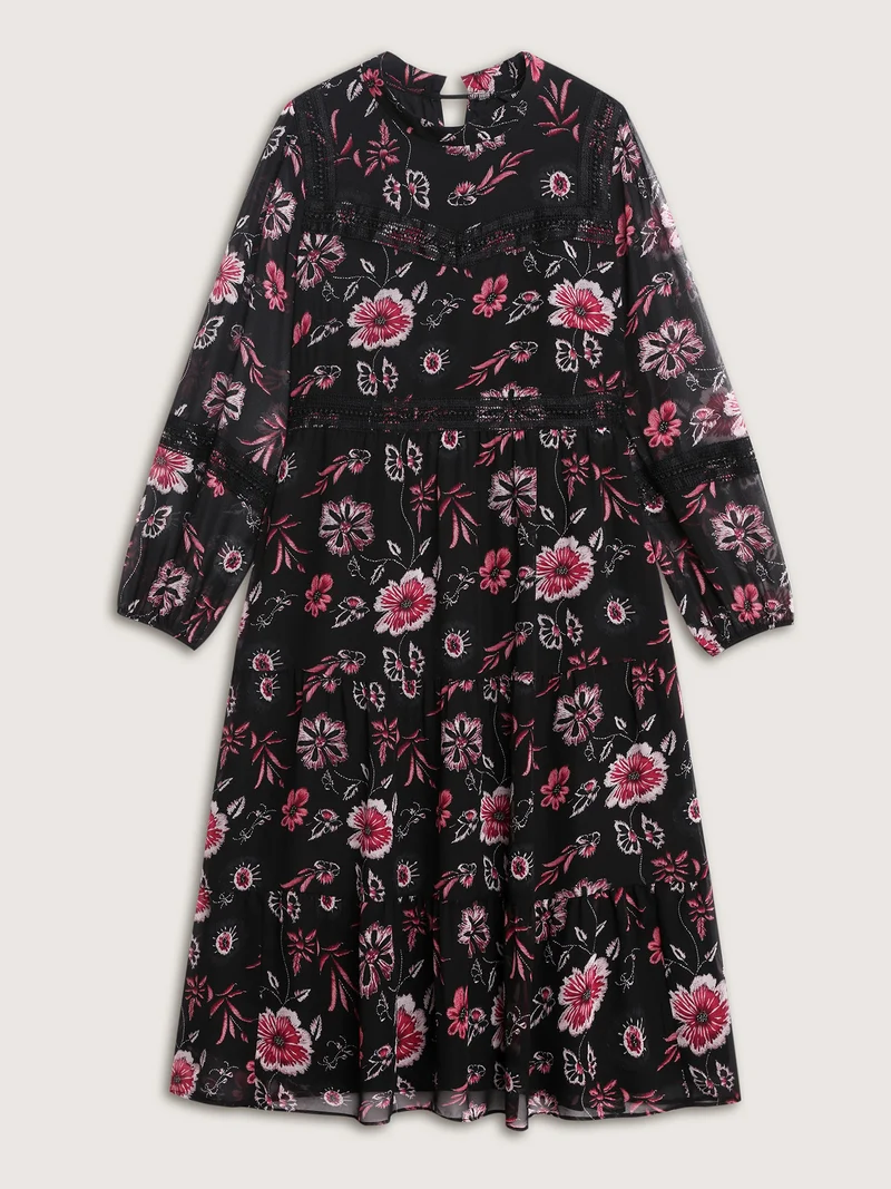 Floral Print Lace High Neck Midi Dress