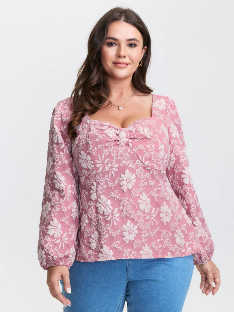 Floral Sweetheart Neck Shirred Jacquard Blouse