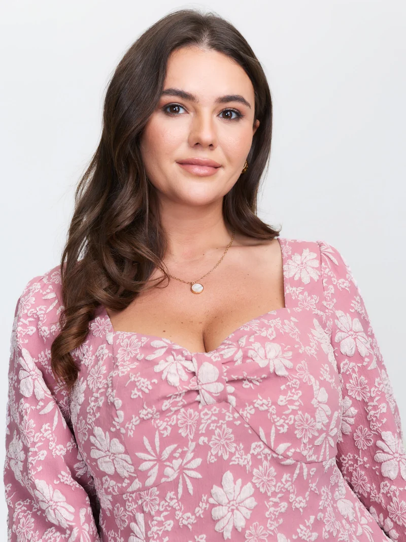 Floral Sweetheart Neck Shirred Jacquard Blouse
