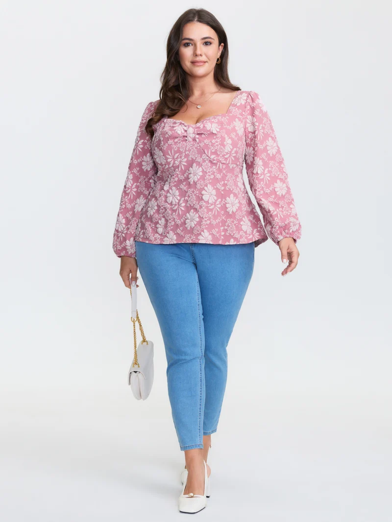 Floral Sweetheart Neck Shirred Jacquard Blouse
