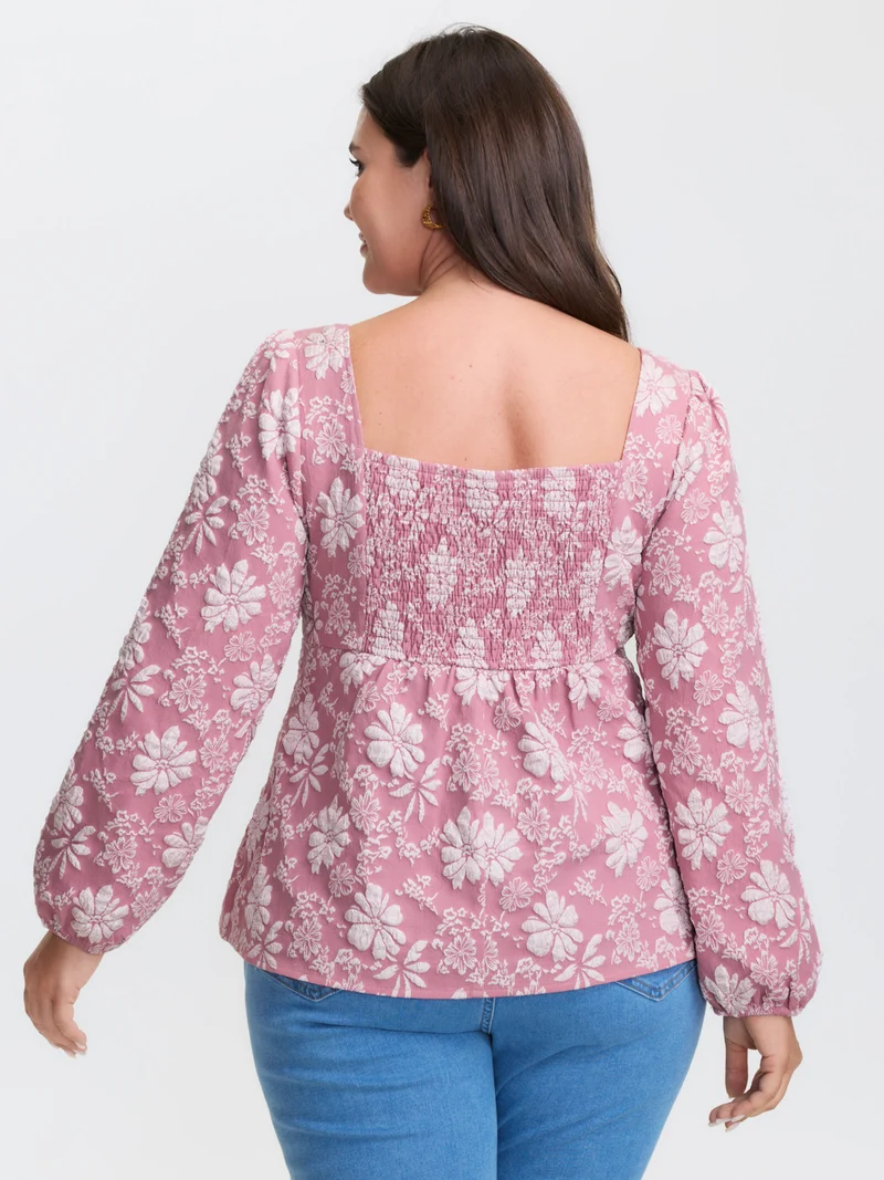 Floral Sweetheart Neck Shirred Jacquard Blouse
