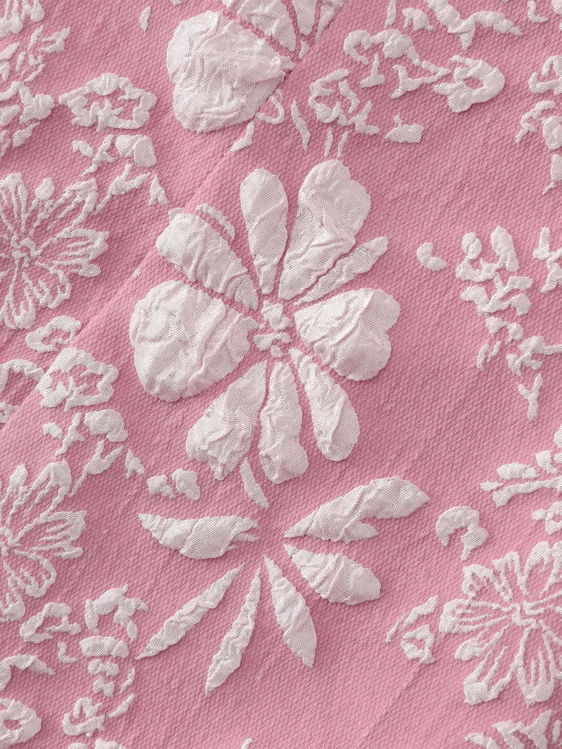 Floral Sweetheart Neck Shirred Jacquard Blouse