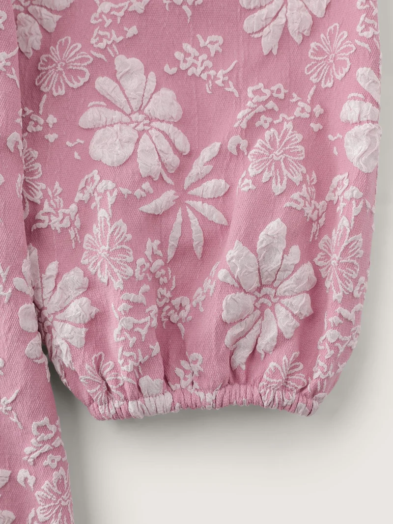 Floral Sweetheart Neck Shirred Jacquard Blouse