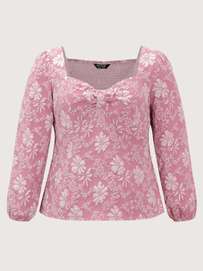 Floral Sweetheart Neck Shirred Jacquard Blouse