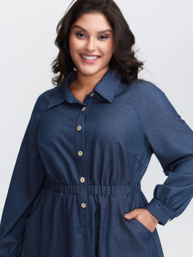 Stretchy Waist Slit Denim-Like Midi Dress