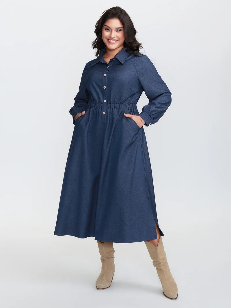 Stretchy Waist Slit Denim-Like Midi Dress