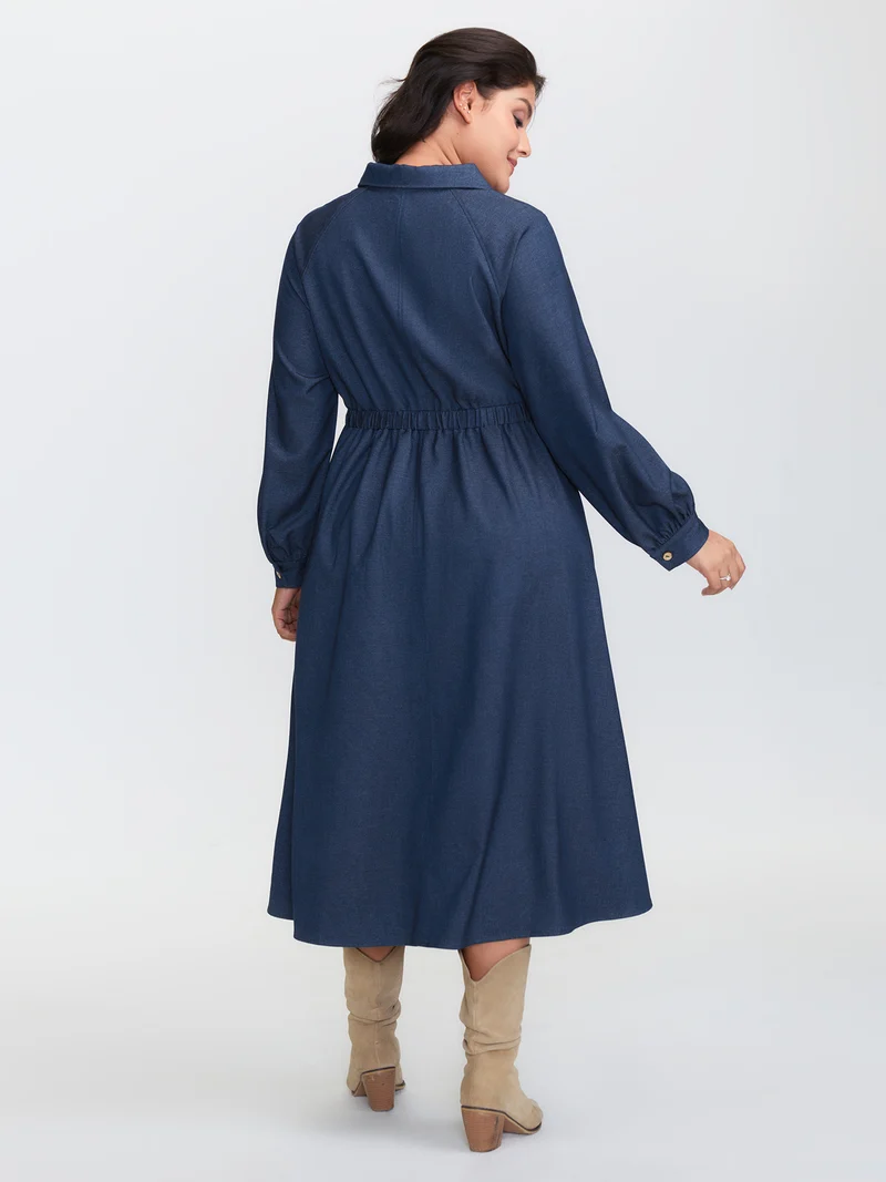 Stretchy Waist Slit Denim-Like Midi Dress