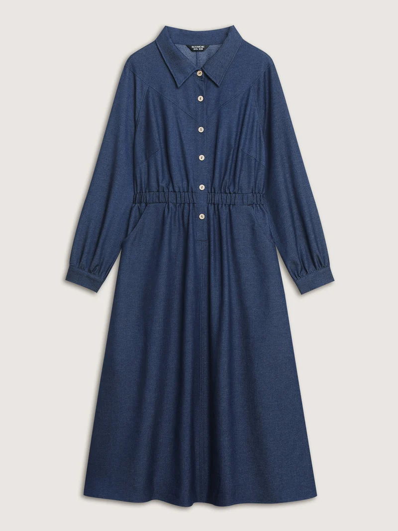 Stretchy Waist Slit Denim-Like Midi Dress