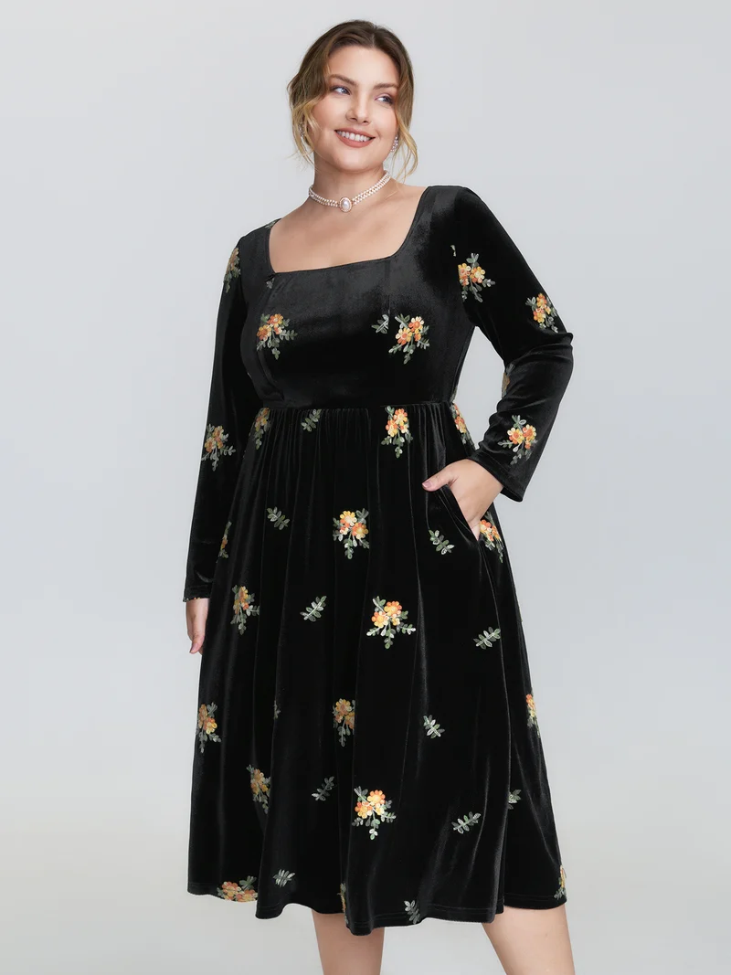 Velvet Floral Embroidered Pockets Midi Dress