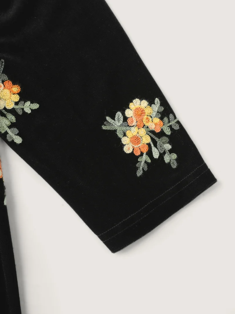 Velvet Floral Embroidered Pockets Midi Dress