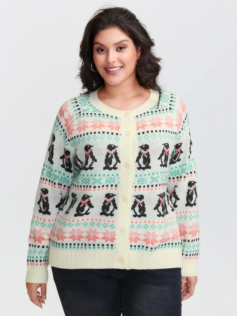 Supersoft Festive Penguin Pattern Jacquard Knit Cardigan
