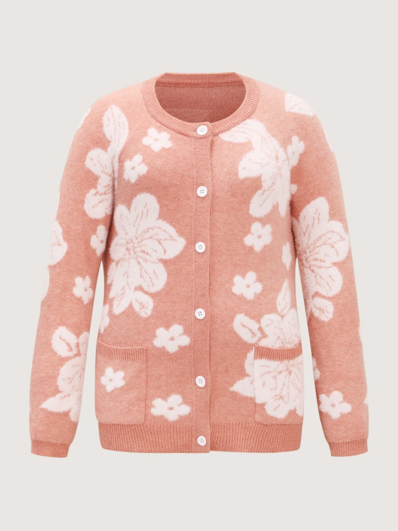 Supersoft Floral Pattern Round Neck Stretchy Knit Cardigan
