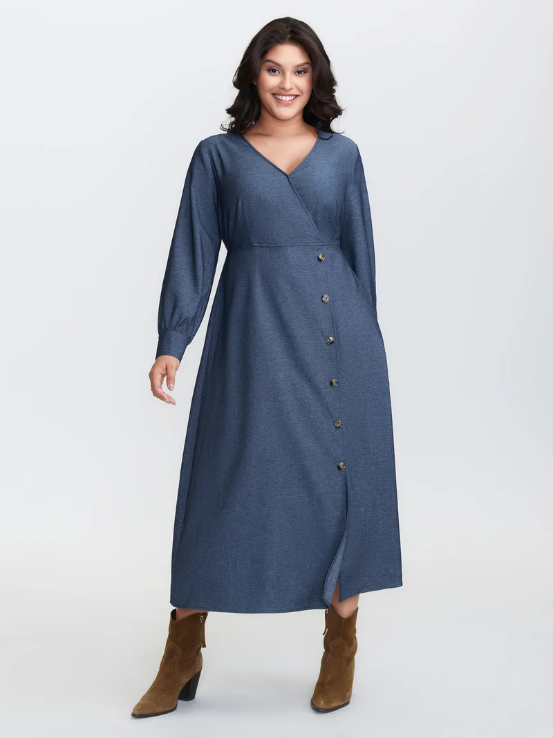 Waist Defining Buttons Pockets Maxi Denim Dress