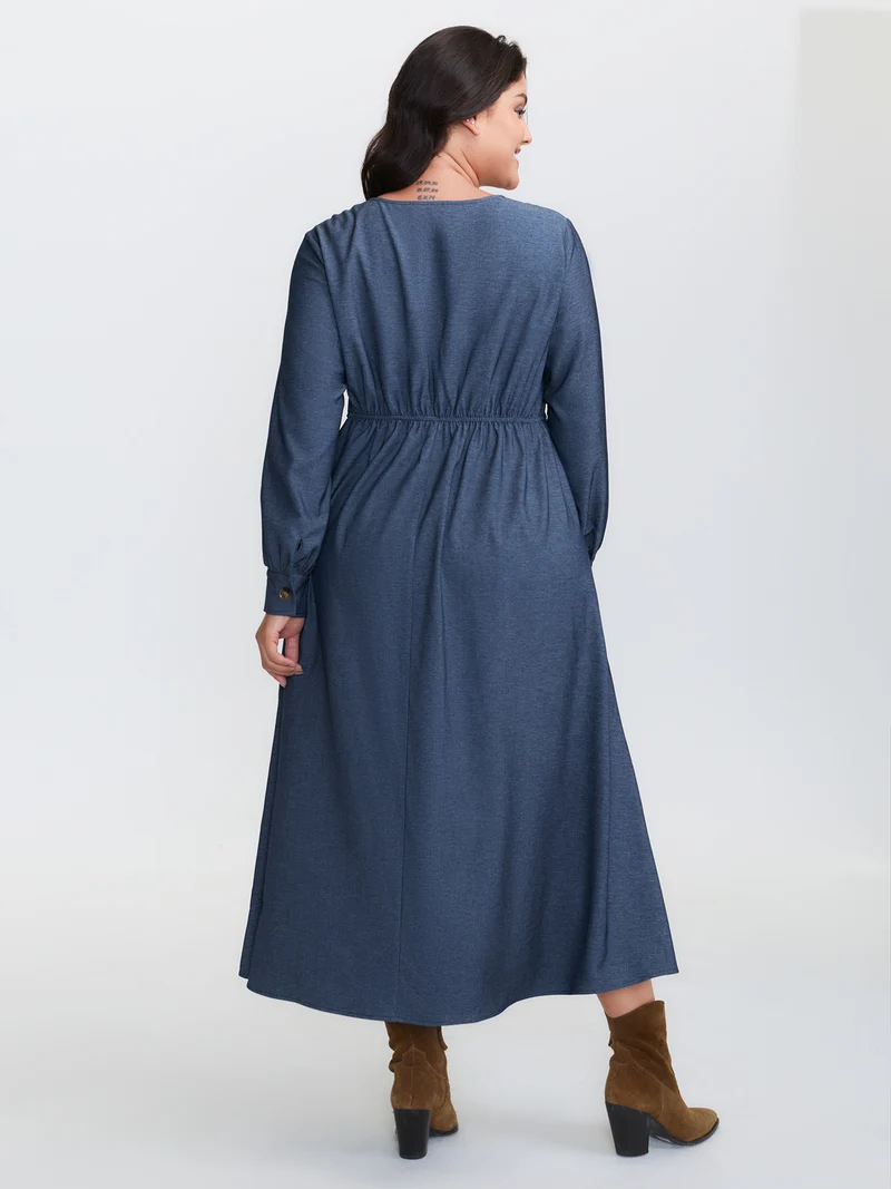 Waist Defining Buttons Pockets Maxi Denim Dress