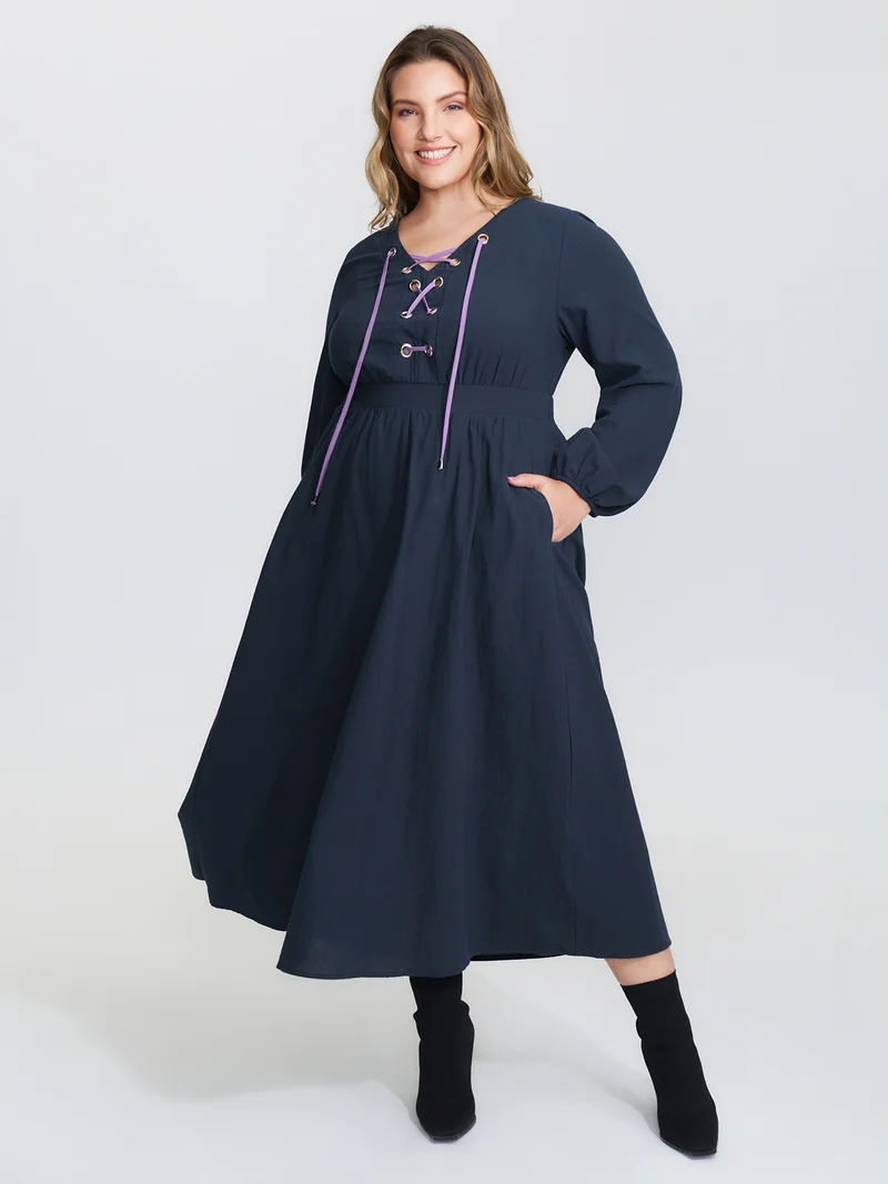 Pure Cotton Cross-Tie Neckline Midi Dress