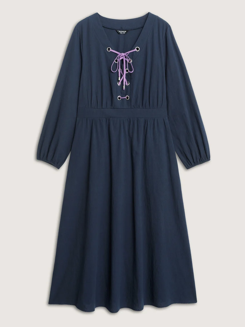 Pure Cotton Cross-Tie Neckline Midi Dress