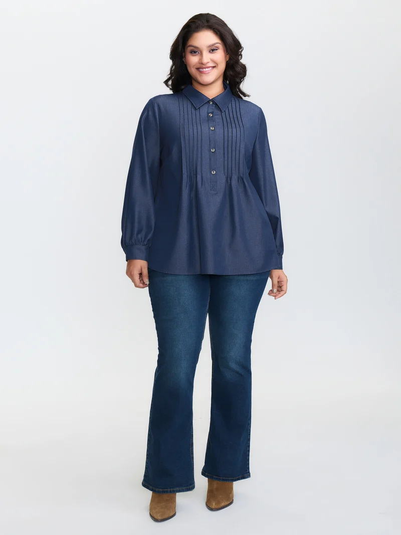 Buttons Pleated Denim Blouse