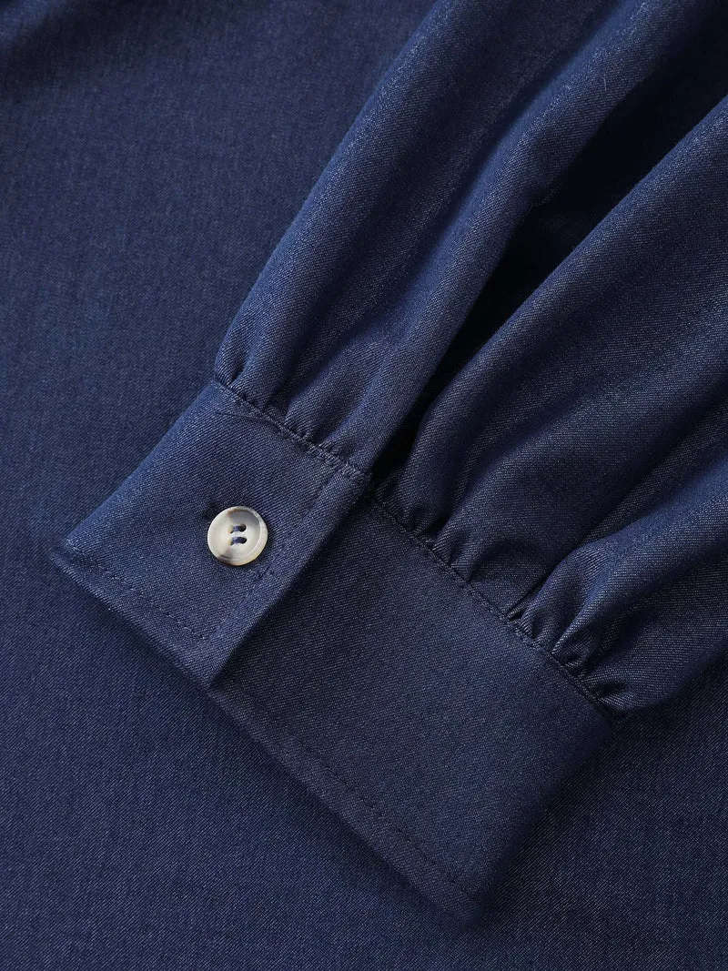 Buttons Pleated Denim Blouse