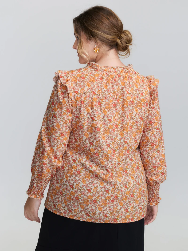 Chiffon Floral Print Ruffled Shoulder Blouse