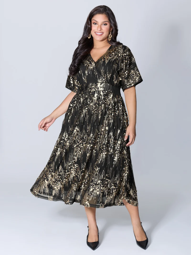 Sparkly Sequins Wrap Neck Midi Dress