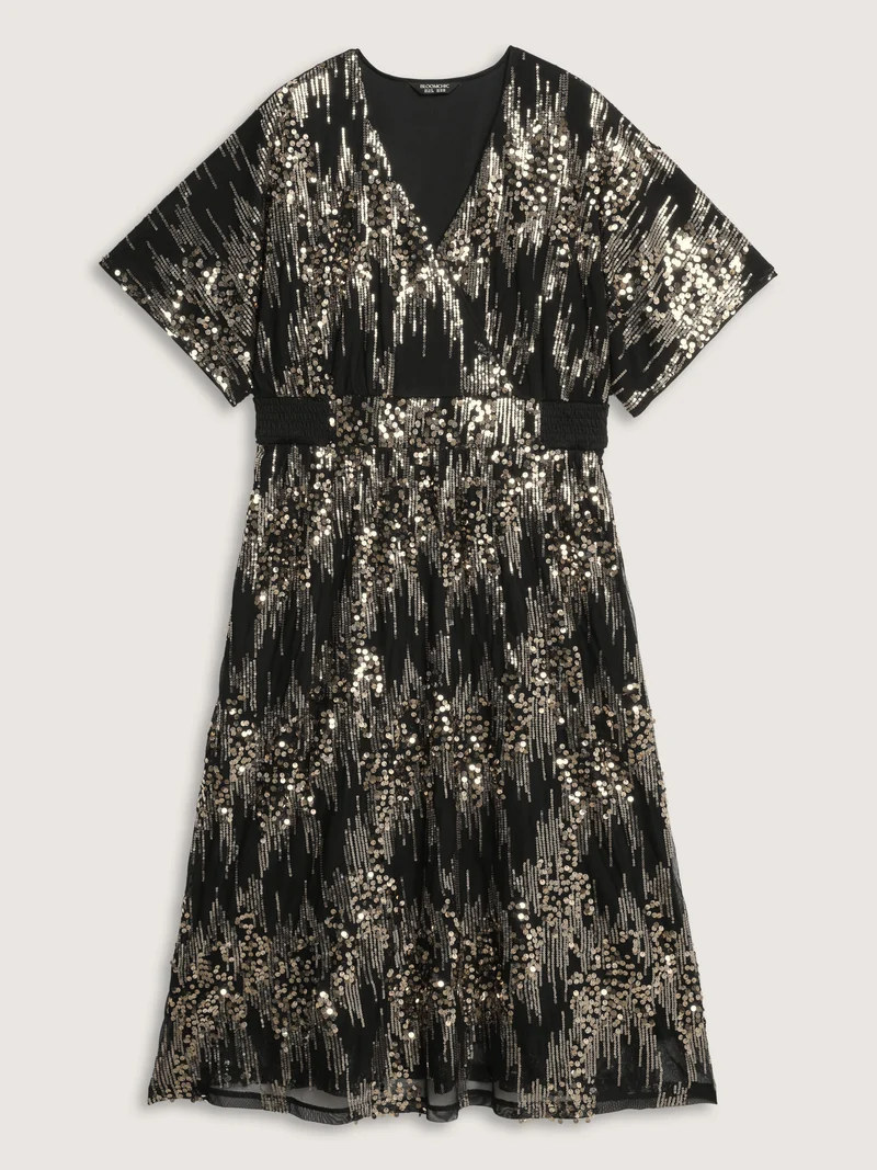 Sparkly Sequins Wrap Neck Midi Dress