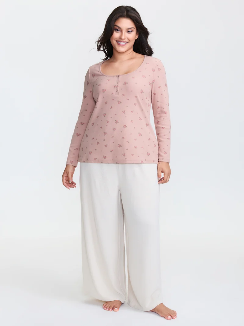 Floral Print Ribbed Button Lounge Top