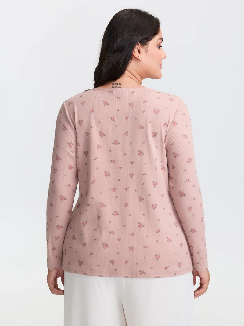 Floral Print Ribbed Button Lounge Top