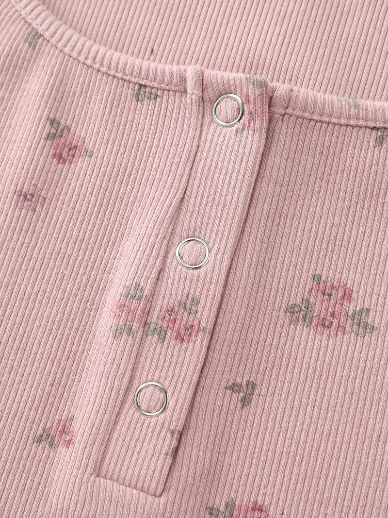 Floral Print Ribbed Button Lounge Top