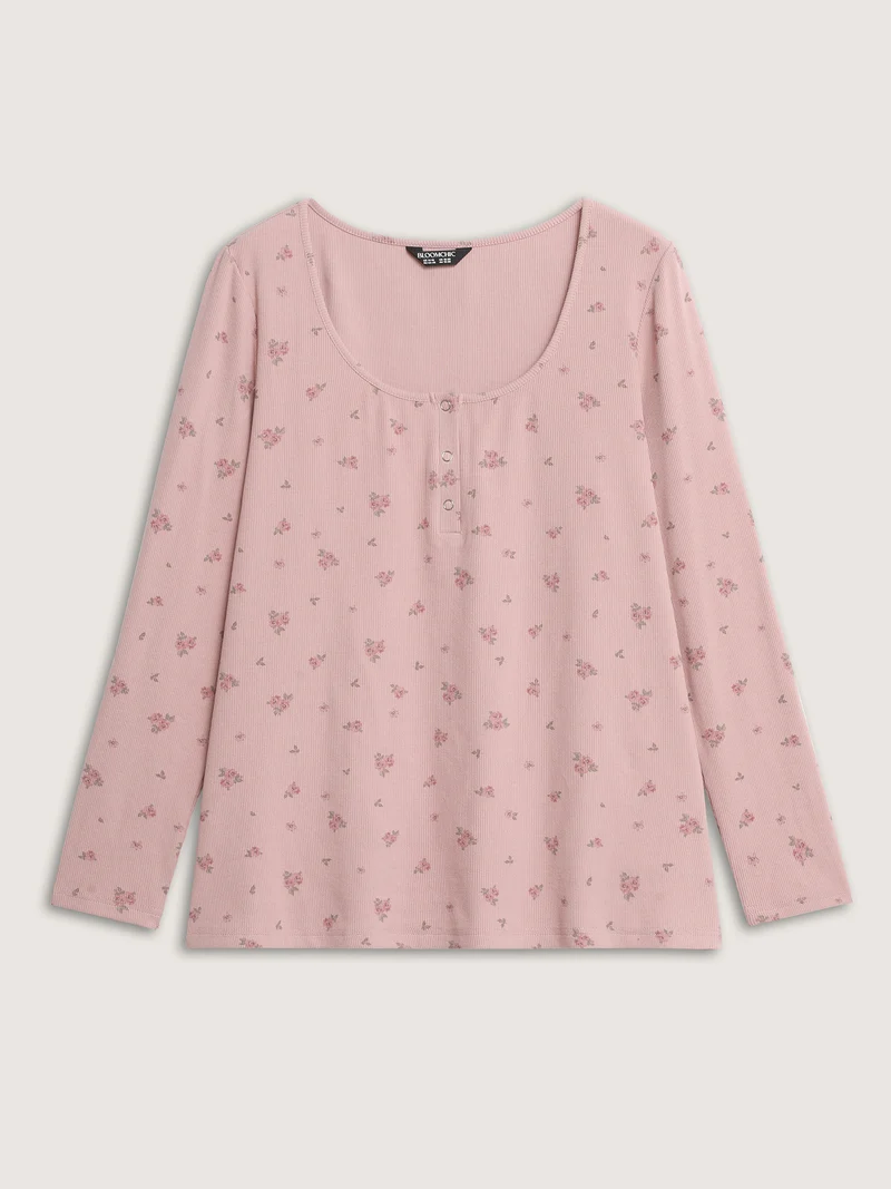 Floral Print Ribbed Button Lounge Top