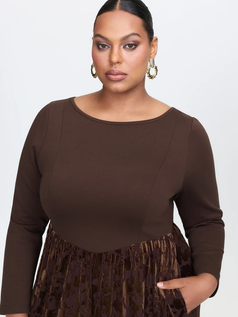 Velvety Feel Spliced Round Neck Midi Dress